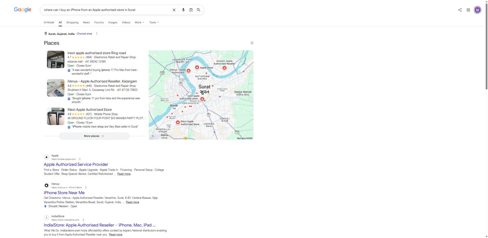 Site B local query — cited via its Google Business Profile listings, not its own website