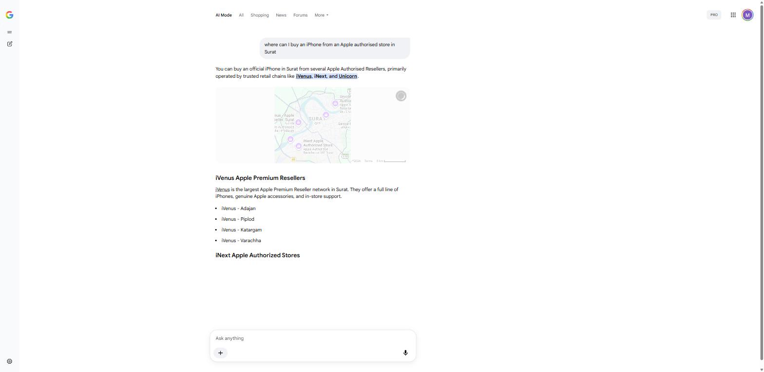 Site B local query in Google AI Mode — the business is named, but as a Places entity, not as a cited web page