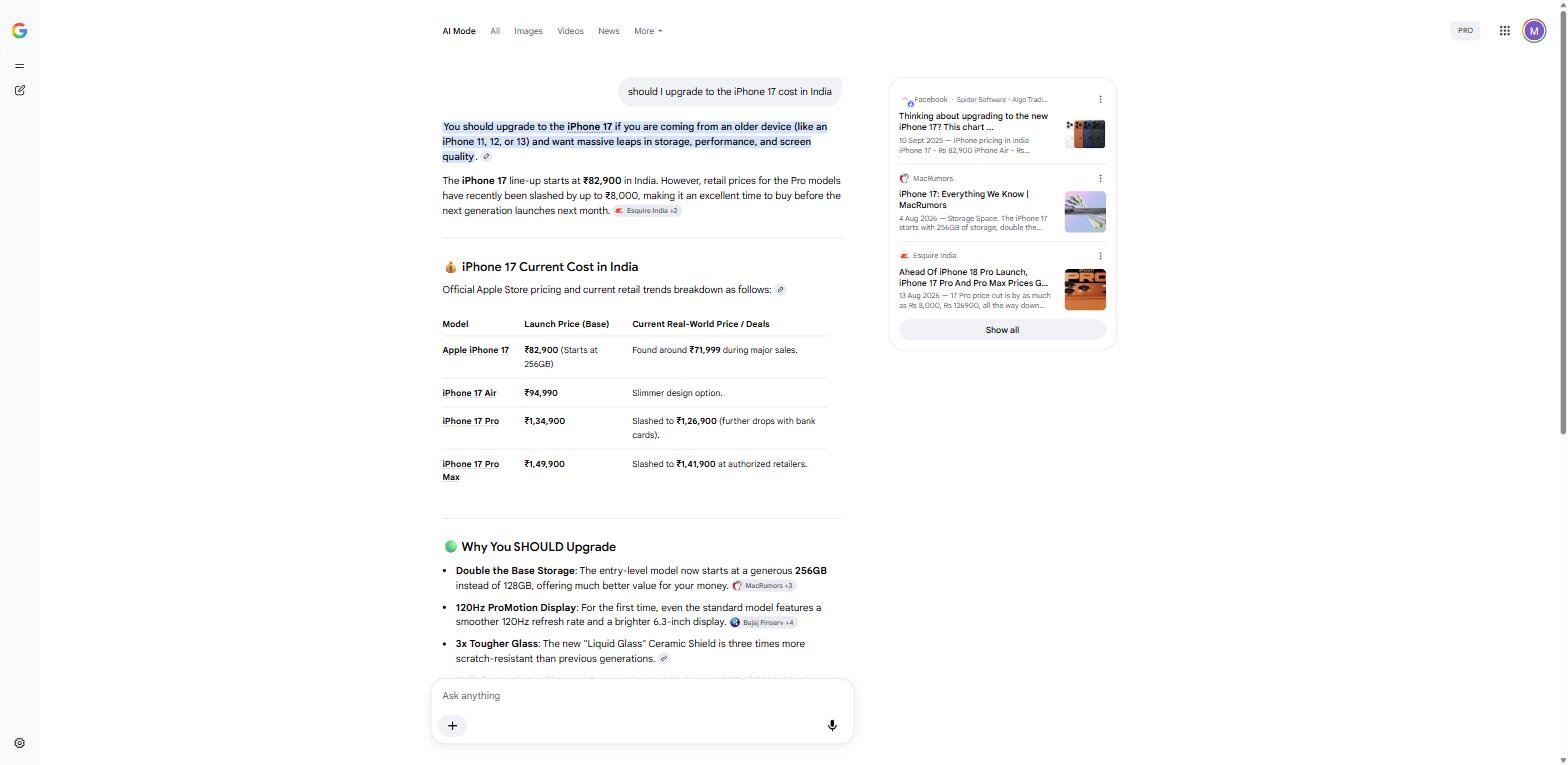 Site B guide-page query — Google AI Mode answers from three unrelated publishers instead, despite Site B having a dedicated page on this exact question