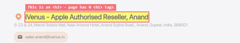 Site B — a live location page with the actual store-name heading highlighted: confirmed by direct inspection to be an H2, and the page carries zero H1 tags