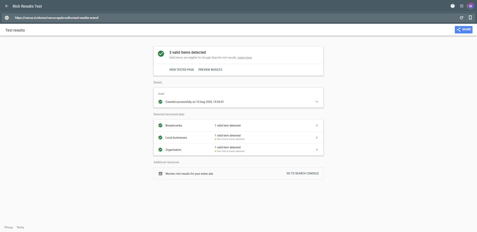 Site B — the same location page's full Rich Results Test summary: three structured data types detected (Breadcrumbs, Local businesses, Organisation) — no FAQ item in the list