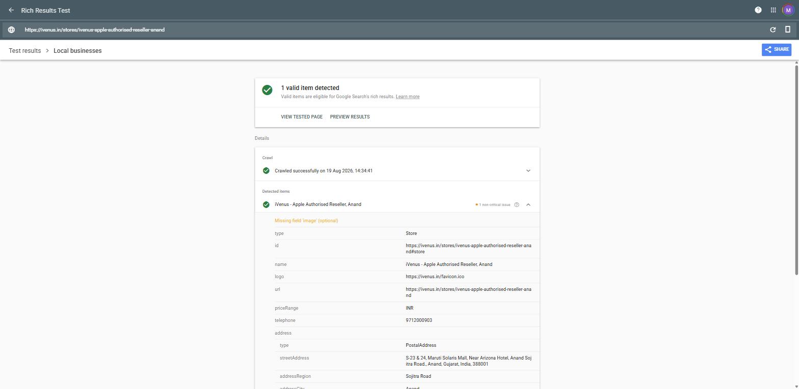 Site B — Google's Rich Results Test showing fully valid Store schema on a real location page: address, price range, phone, all present and valid