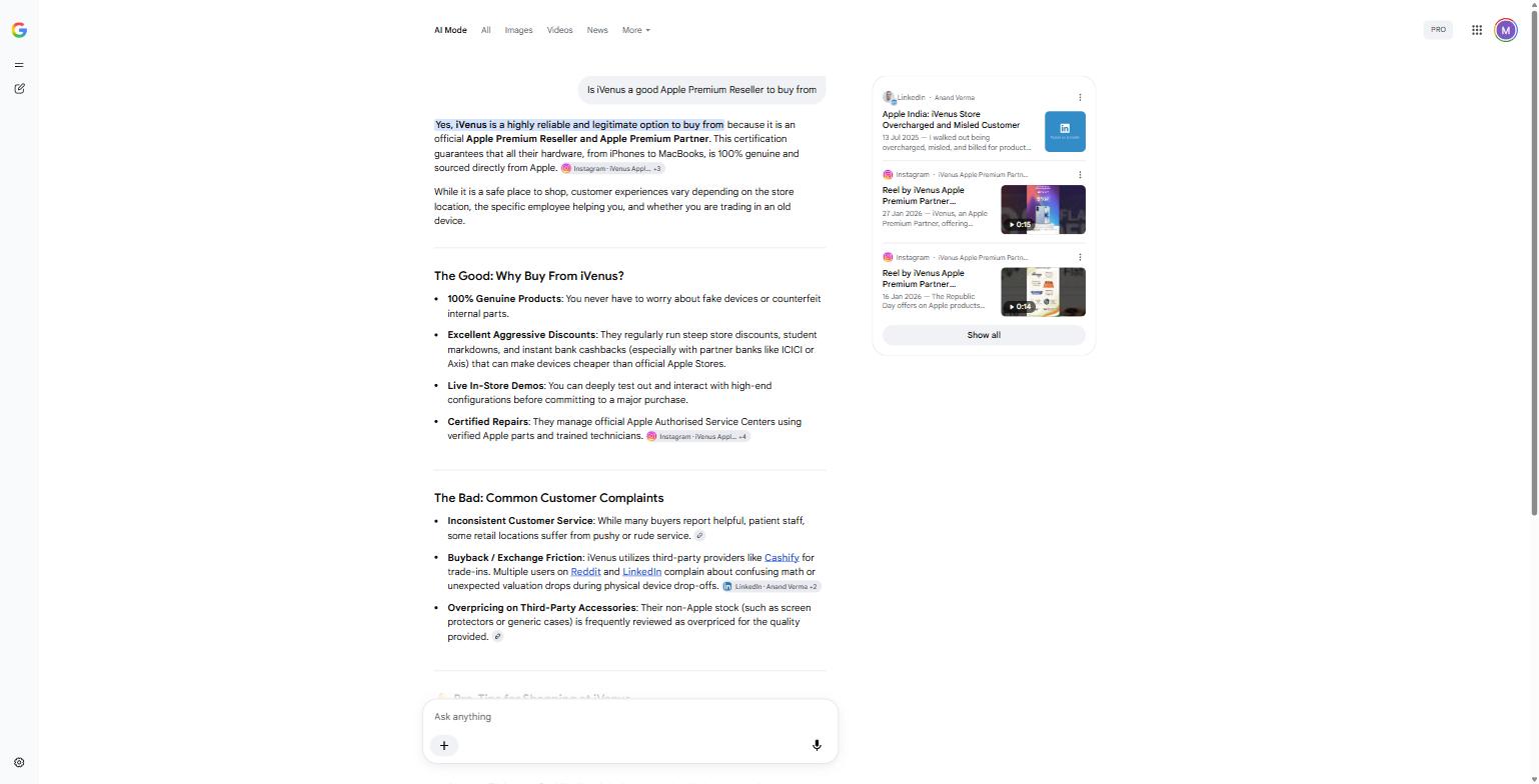 Site B branded query — Google AI Mode cites the business's Instagram posts as sources, not its own website