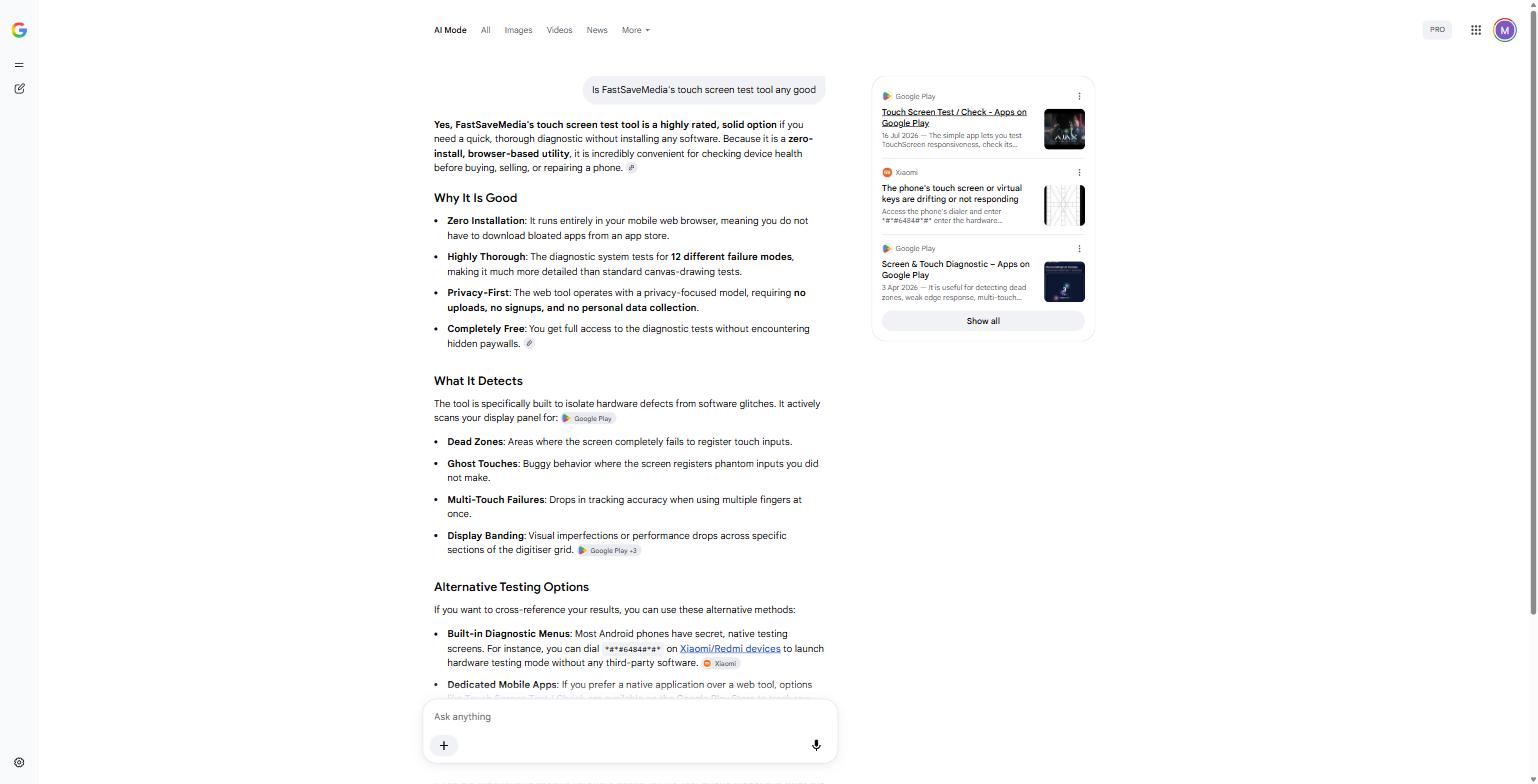 Site A branded query — Google AI Mode evaluates the tool directly by name, describing its real features accurately
