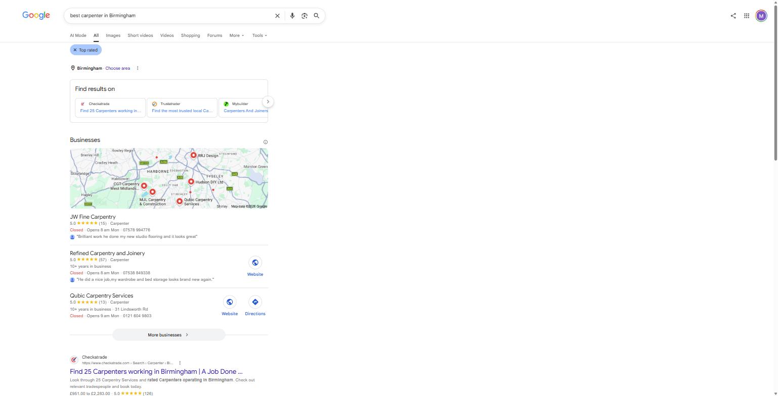 Google's UK search results for "best carpenter in Birmingham," captured 8 August 2026