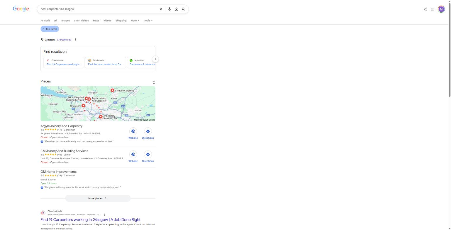 Google's UK search results for "best carpenter in Glasgow," captured 8 August 2026