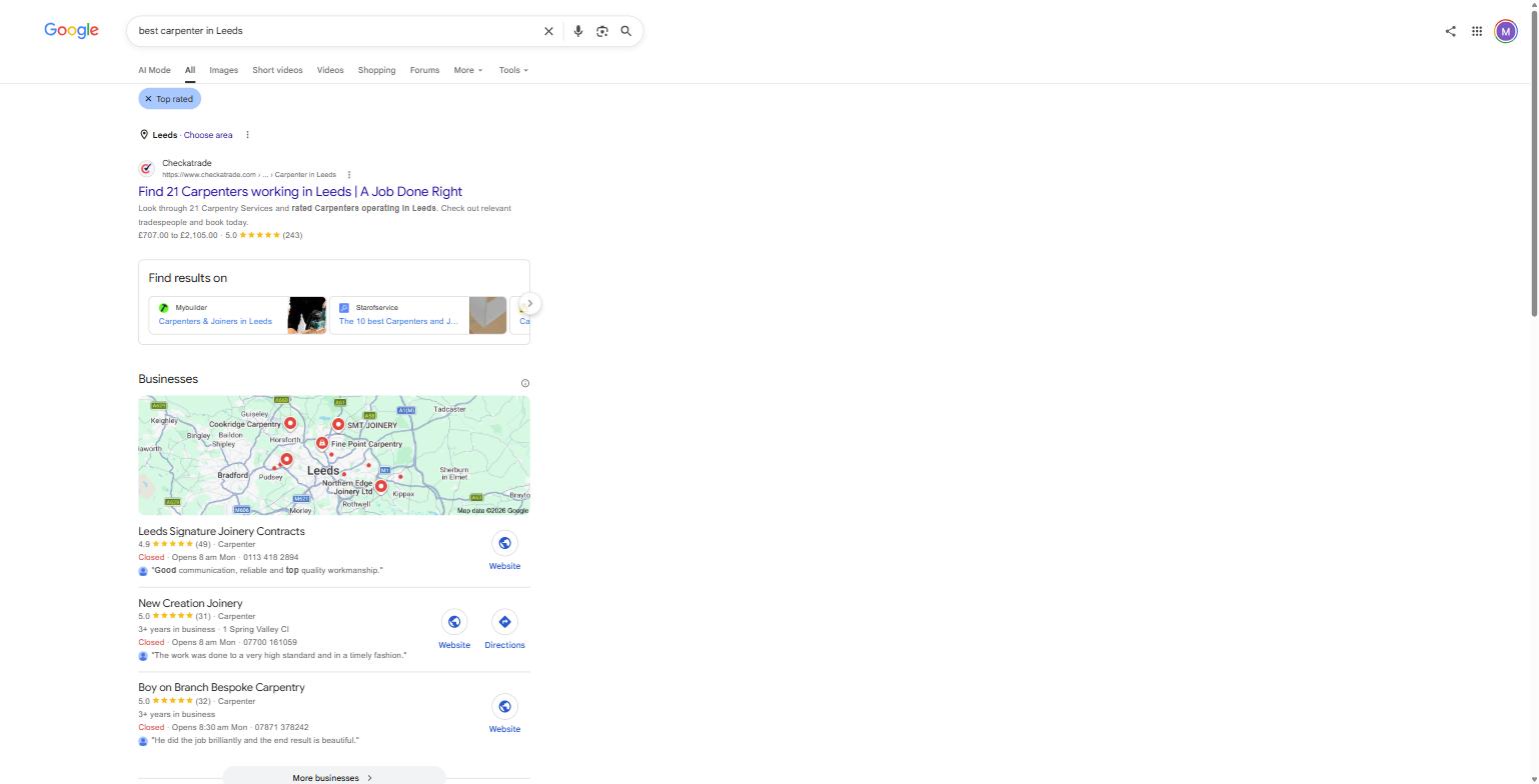 Google's UK search results for "best carpenter in Leeds," captured 8 August 2026