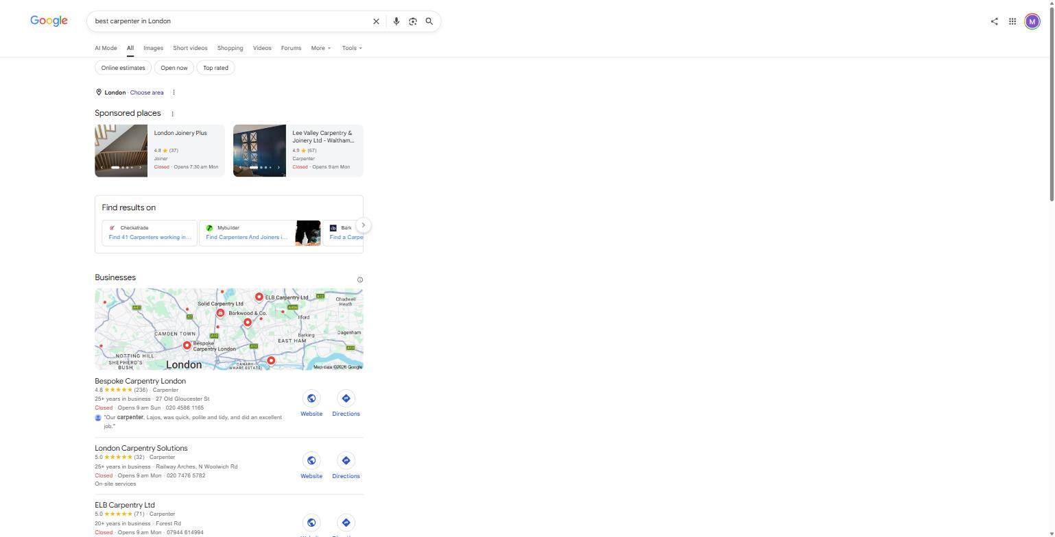 Google's UK search results for "best carpenter in London," captured 8 August 2026