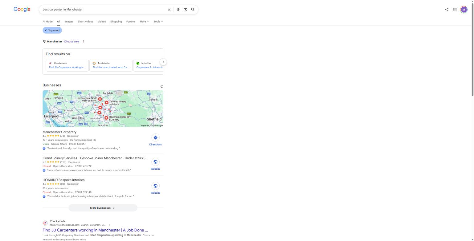 Google's UK search results for "best carpenter in Manchester," captured 8 August 2026