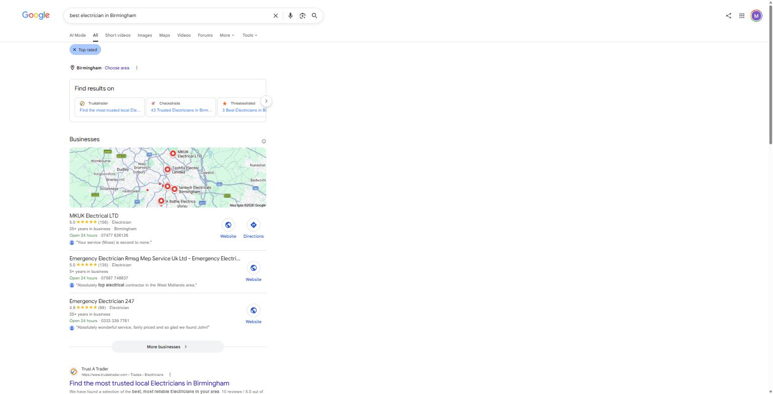 Google's UK search results for "best electrician in Birmingham," captured 8 August 2026