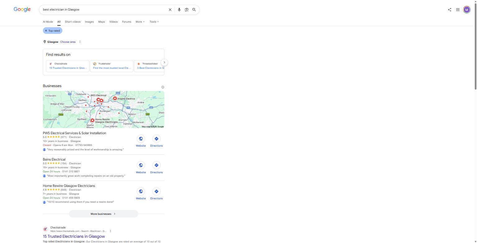 Google's UK search results for "best electrician in Glasgow," captured 8 August 2026
