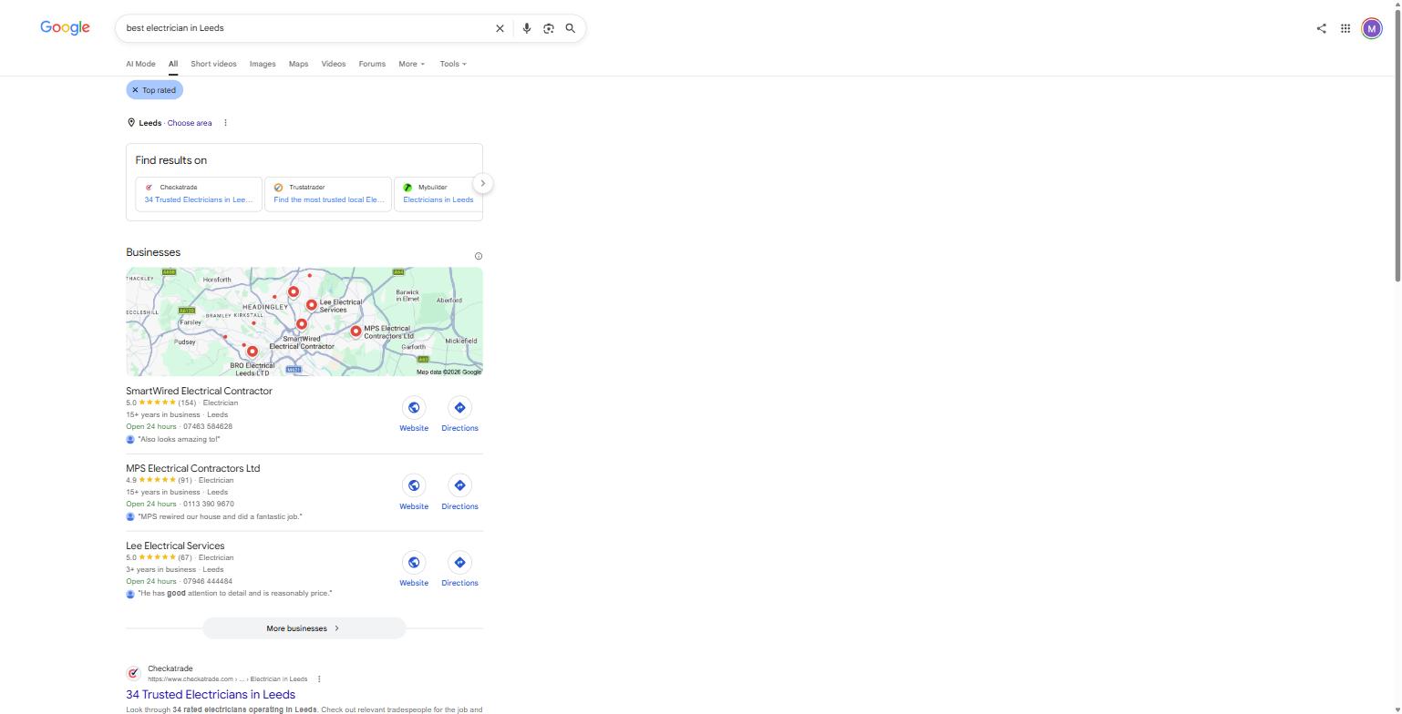 Google's UK search results for "best electrician in Leeds," captured 8 August 2026