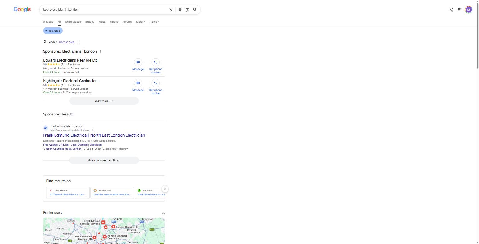 Google's UK search results for "best electrician in London," captured 8 August 2026