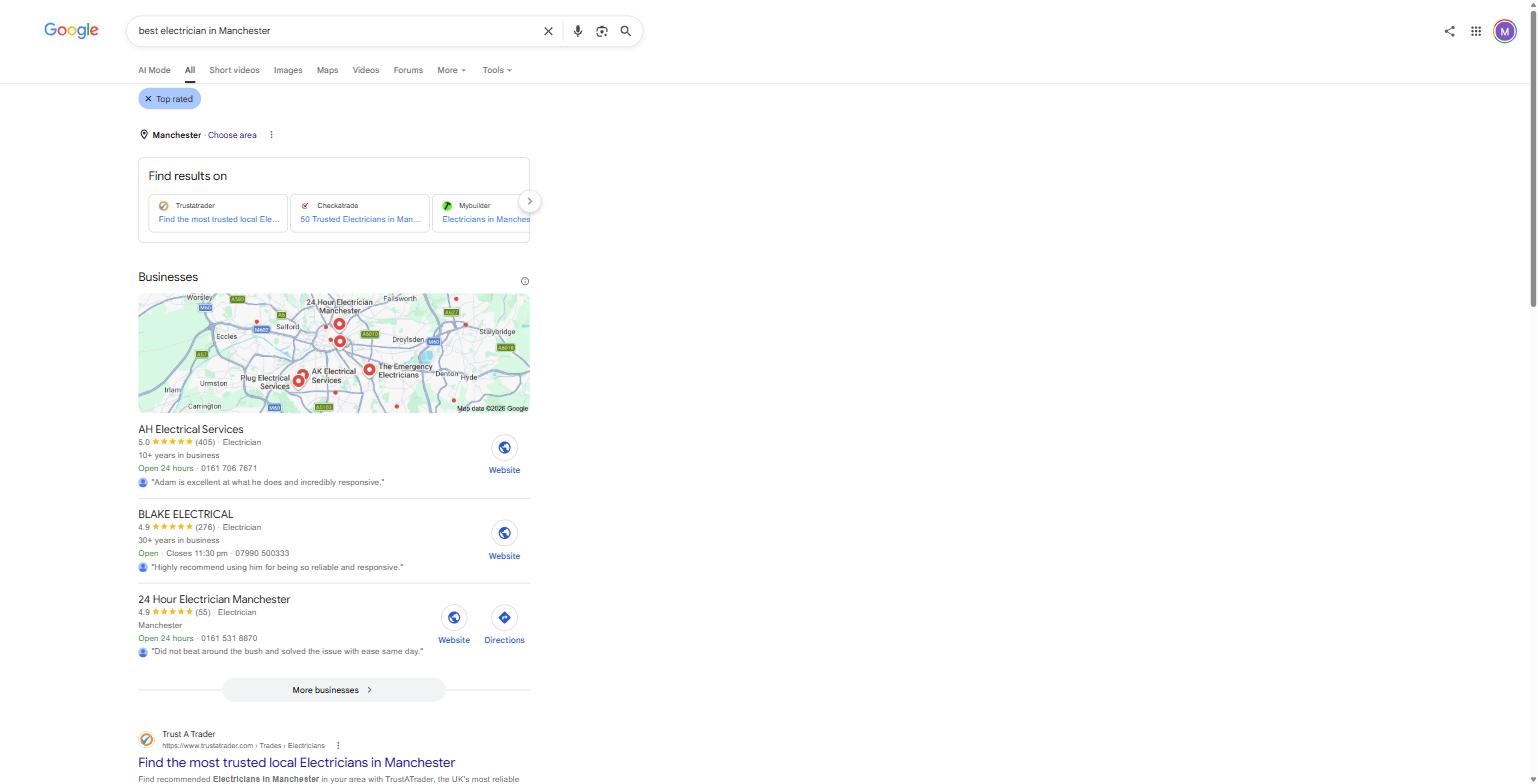 Google's UK search results for "best electrician in Manchester," captured 8 August 2026