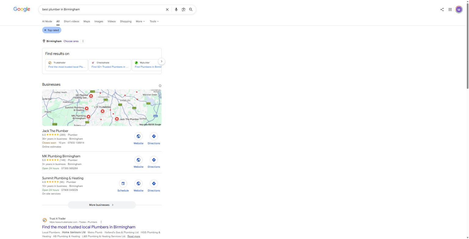 Google's UK search results for "best plumber in Birmingham," captured 8 August 2026
