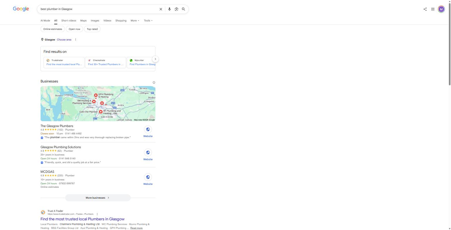 Google's UK search results for "best plumber in Glasgow," captured 8 August 2026