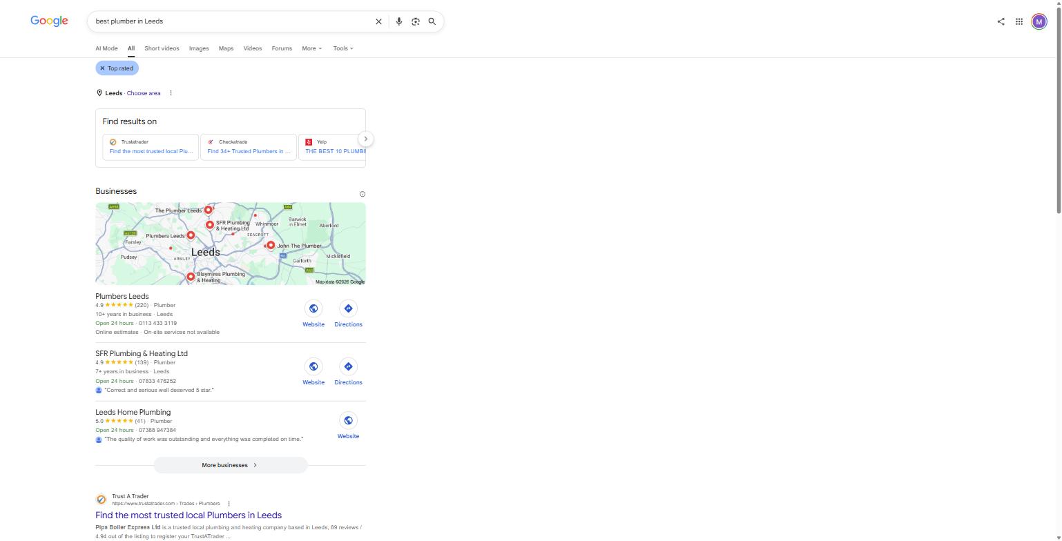 Google's UK search results for "best plumber in Leeds," captured 8 August 2026