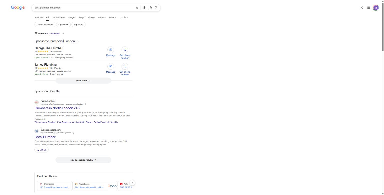 Google's UK search results for "best plumber in London," captured 8 August 2026