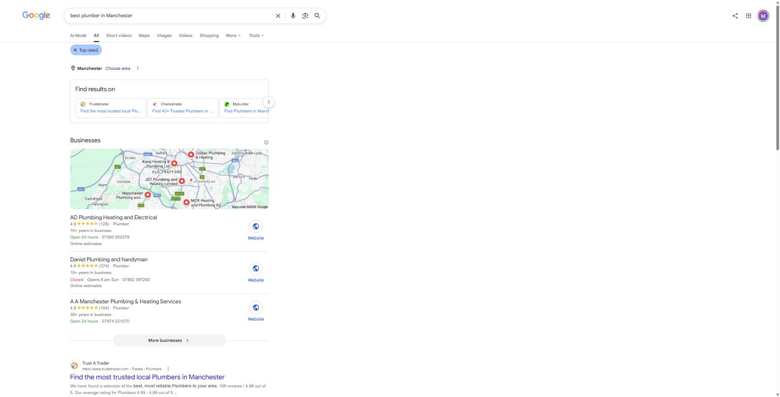Google's UK search results for "best plumber in Manchester," captured 8 August 2026