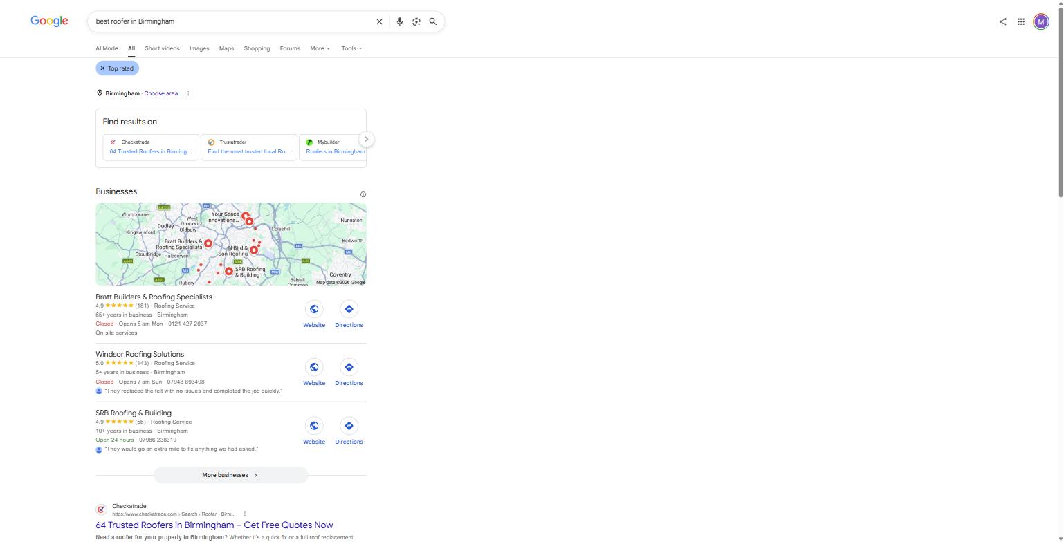 Google's UK search results for "best roofer in Birmingham," captured 8 August 2026