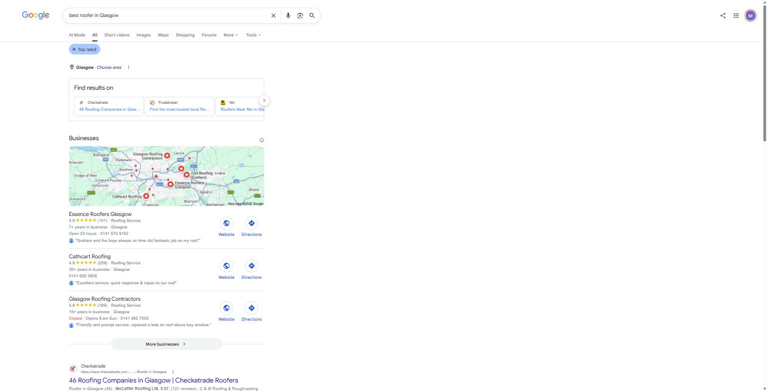 Google's UK search results for "best roofer in Glasgow," captured 8 August 2026