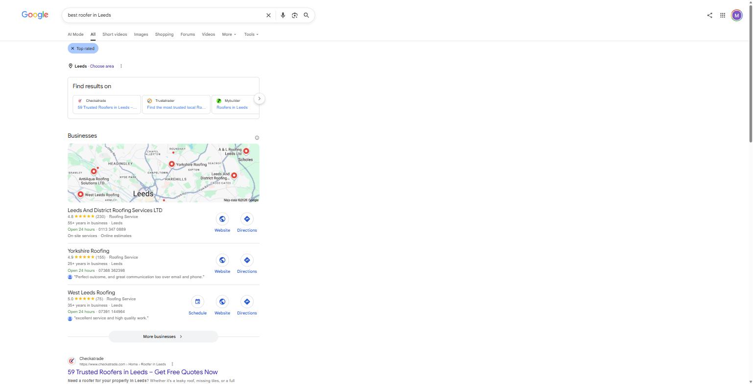 Google's UK search results for "best roofer in Leeds," captured 8 August 2026