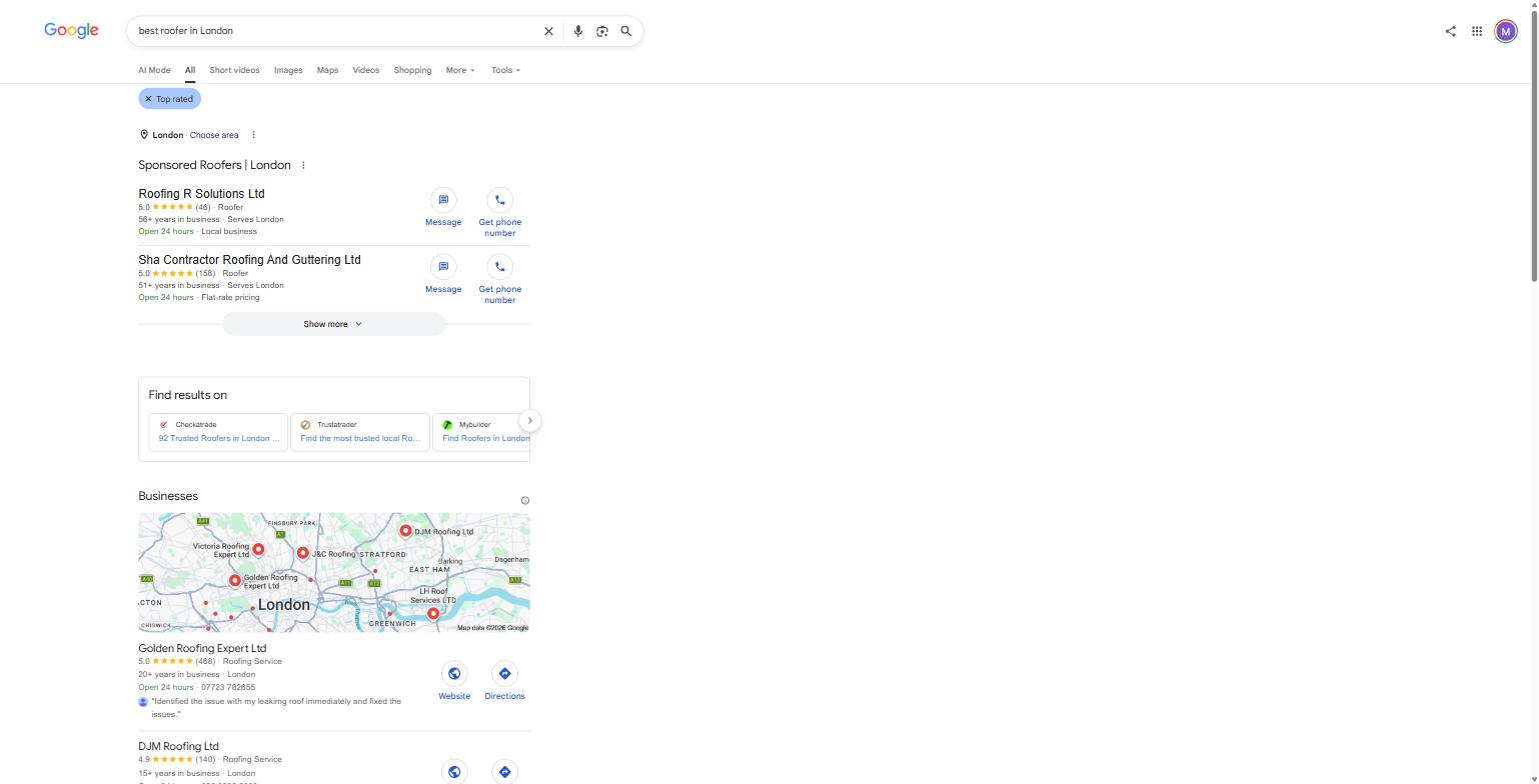 Google's UK search results for "best roofer in London," captured 8 August 2026
