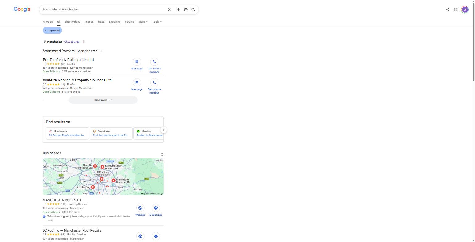 Google's UK search results for "best roofer in Manchester," captured 8 August 2026